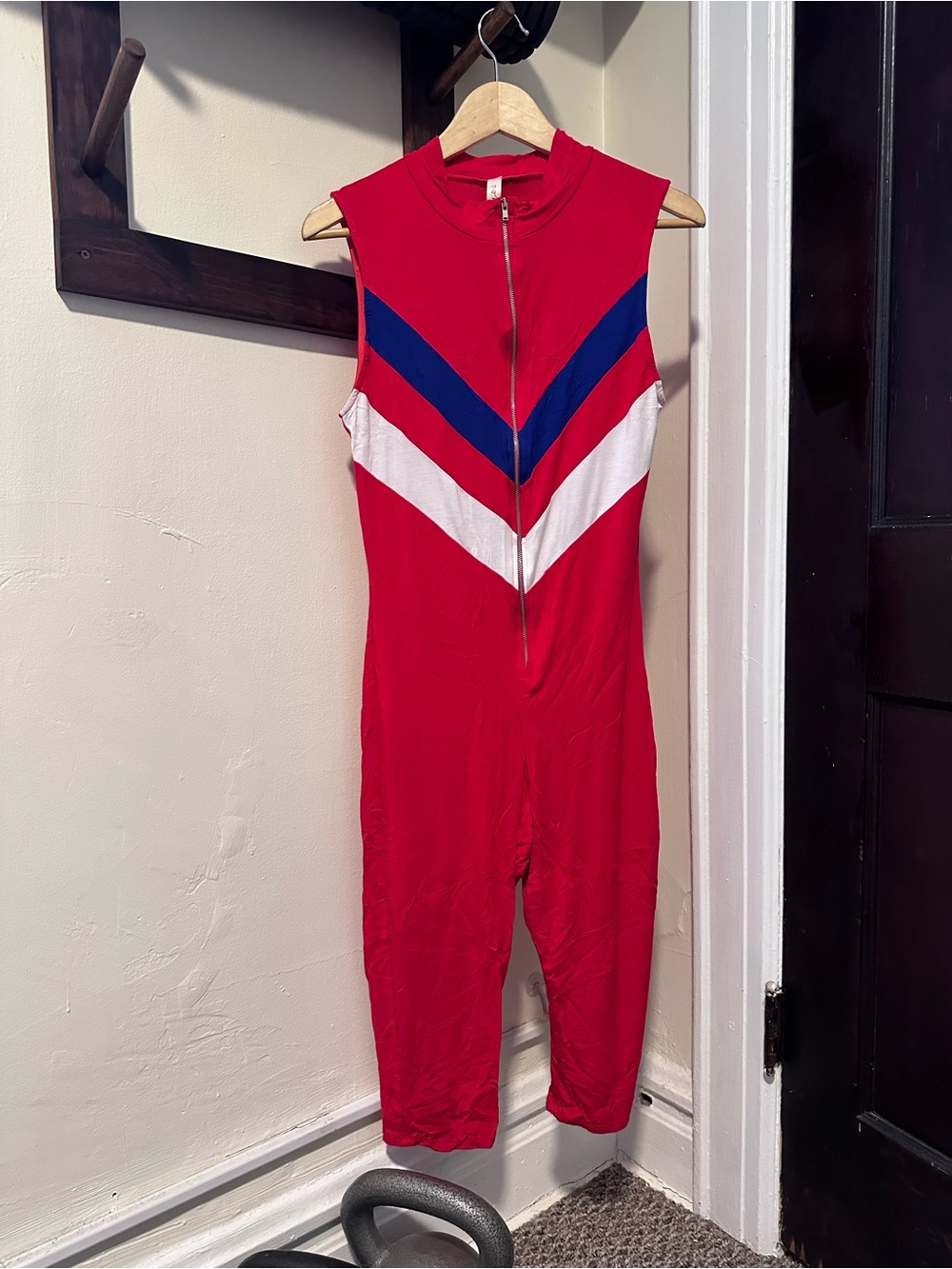 TOPIA Sleeveless 3/4 length Red One-Piece with Blue and White Chevron